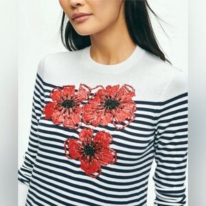 Brook Brothers Striped Floral Embroidered  CrewNeck Sweater